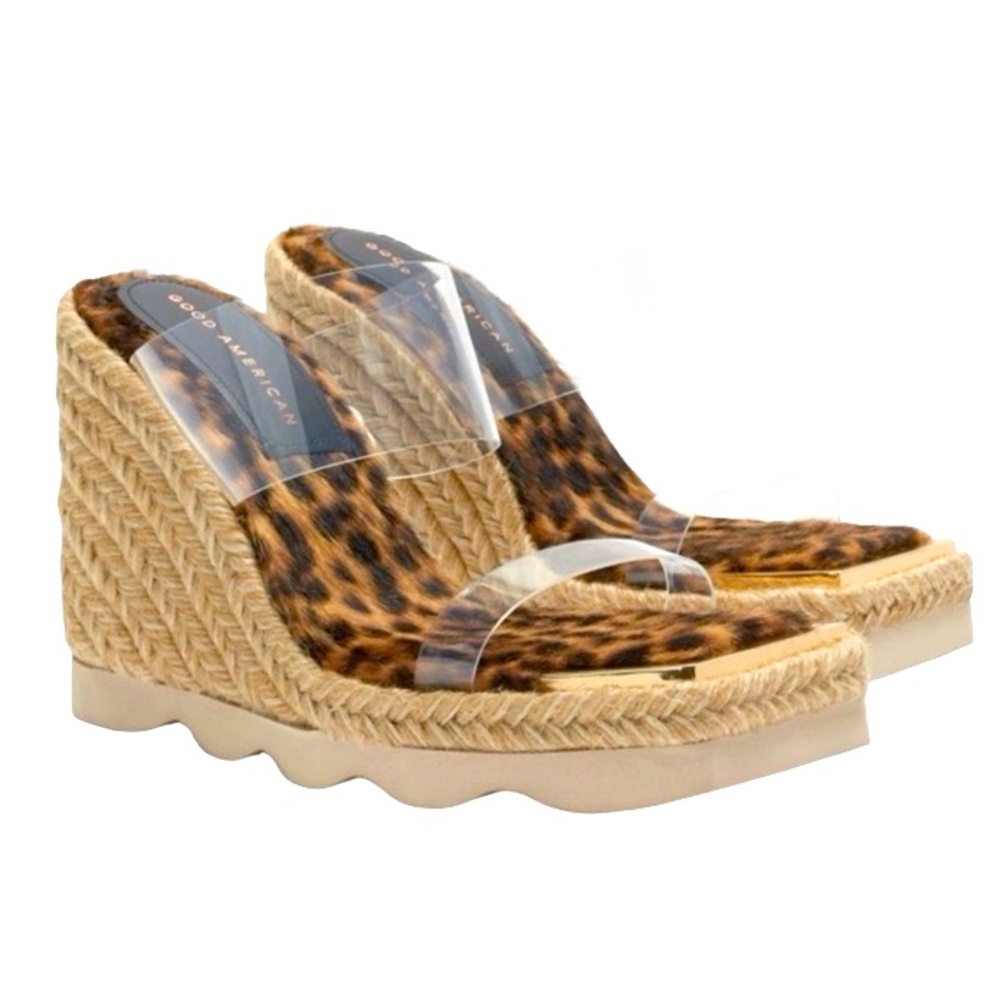 Good American Leopard Print Wedge Sandals
